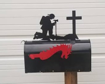 Unique Firefighter Kneeling at Cross Mailbox Topper - Perfect Gift for First Responders