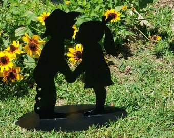 Little Cowboy and Cowgirl Kiss,Outdoor,Yard,Garden,Grandparents,Cowboy,Cowgirl