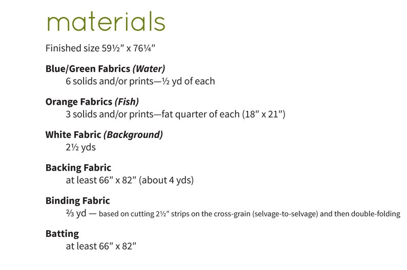 K&ouml;nnte beinhalten: Materialliste f&uuml;r ein Quiltprojekt mit einer fertigen Gr&ouml;&szlig;e von 151 cm x 194 cm. Die Liste enth&auml;lt die Stoffanforderungen f&uuml;r blau/gr&uuml;ne, orange und wei&szlig;e Stoffe sowie f&uuml;r den R&uuml;ckenstoff, den Bindestoff und die Vlieseline.