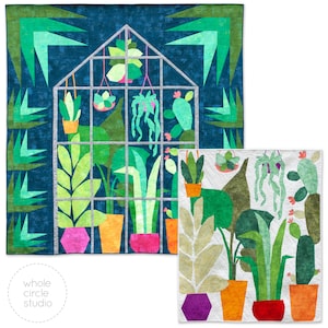 May include: Two colourful quilt patterns featuring a greenhouse filled with plants. The first pattern is a dark blue background with green and white plants. The second pattern is a white background with green, orange, red, and purple plants.