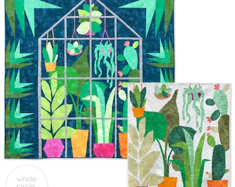 May include: Two colorful quilt patterns featuring a greenhouse filled with plants. The first pattern is a dark blue background with green and white plants. The second pattern is a white background with green, orange, red, and purple plants.