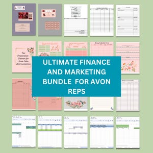 May include: A collage of printable worksheets for Avon sales representatives. The worksheets are organized into categories such as "Tax Preparation Planner", "Money Collection Form", "Product Inventory", and "Customer Contact List". The collage is surrounded by a teal border with the text "ULTIMATE FINANCE AND MARKETING BUNDLE FOR AVON REPS" in white.
