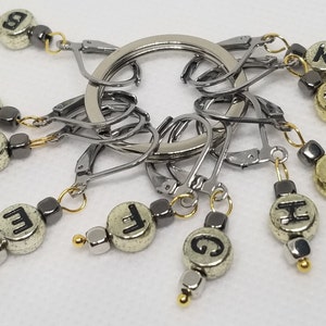 Handcrafted Letter Stitch Markers in Gold, Silver, and Gunmetal - Set of 10 perfect gift for a crocheter and knitter