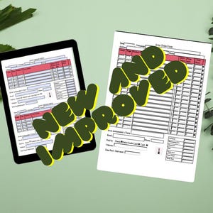 May include: A digital tablet and a printed form, both displaying order sheets with red and white sections. The words "NEW AND IMPROVED" are overlaid in yellow and green. The background is a light green with leafy accents.