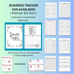 May include: A printable business tracker planner for Avon representatives. The planner is designed for an 8.5 inch binder and includes pages for tracking income, expenses, product inventory, customer contact information, and sales. The cover features a black and white illustration of a business tracker with the text "Business Tracker for Avon Reps".