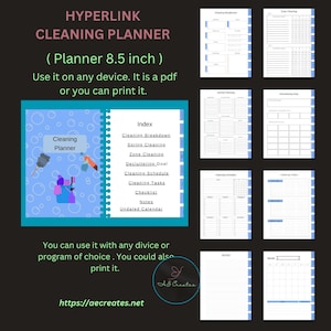 May include: A digital cleaning planner with a blue cover and a spiral binding. The planner includes sections for cleaning breakdown, spring cleaning, and cleaning tasks. The text "Cleaning Planner" is visible on the cover. The planner is 8.5 inches.