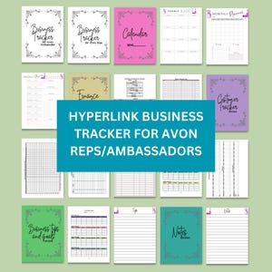 May include: A set of printable business tracker pages for Avon representatives and ambassadors. The pages include a calendar, weekly planner, customer tracker, finance tracker, business tips and goals, notes, and a yearly planner. The pages are designed to help Avon reps organize their business and track their progress.