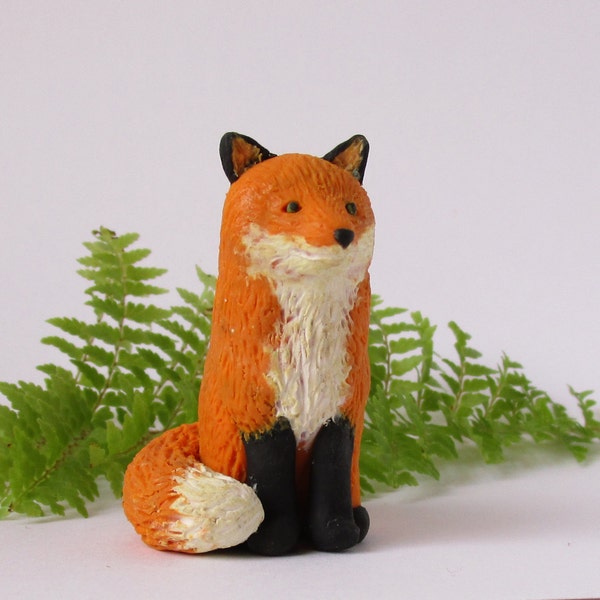 Polymer Clay Red Fox Sculpture, Miniature Figurine, Clay Animal, Woodland Nursery, Terrarium Accessory, Fox Cake Topper, Fairy Garden Decor