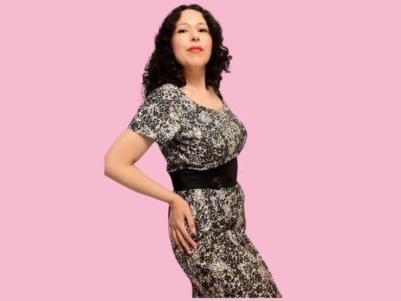 1950s black and white floral silk print dress by … - image 2