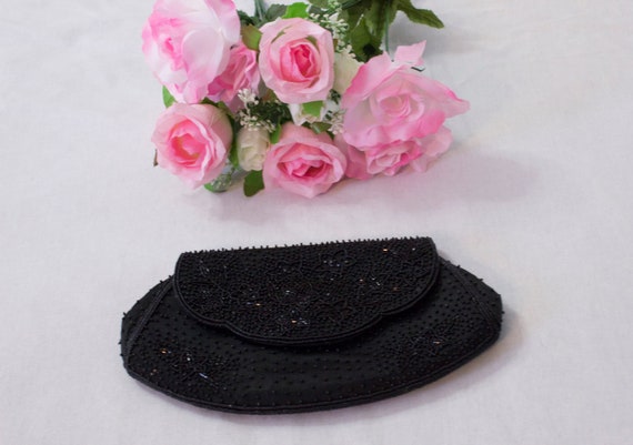 1950s Black Beaded Floral clutch purse by Fuji Bag - image 1