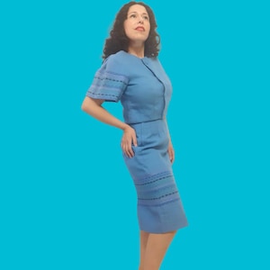 1950s powder blue wool 2 piece top and skirt set