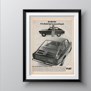 VINTAGE FIAT 850 1967 Car Advertisement, Retro Automobilia and Advertising Art, Gift Idea for Italian Sports Car Fan. Free Shipping included