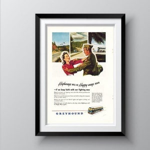 GREYHOUND BUS Vintage Travel Advertisement 1945, Amercan Soldier Welcomed Home, Original Authentic Vintage Magazine Ad, Ships Free