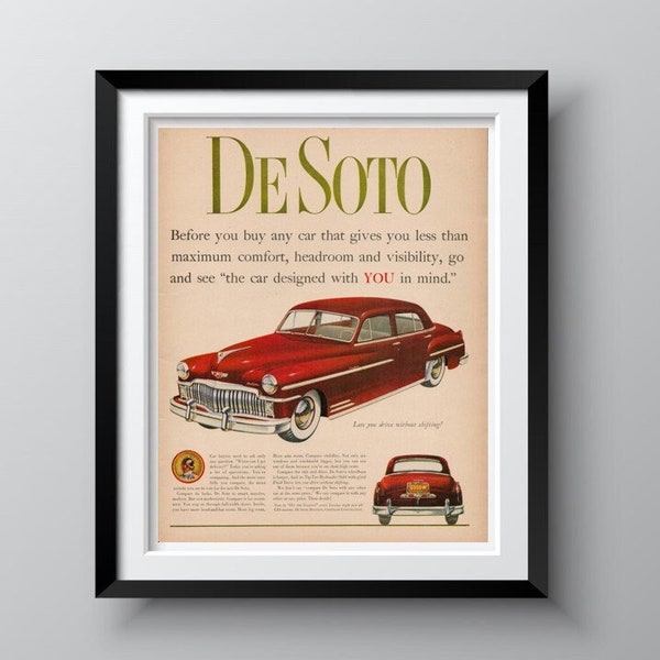 Vintage Car Advertisement 1949 DeSoto Sedan Mid Century American Cars, Vintage Car Ads, 1940s Nostalgia, Fathers Day Gift, Ships Free