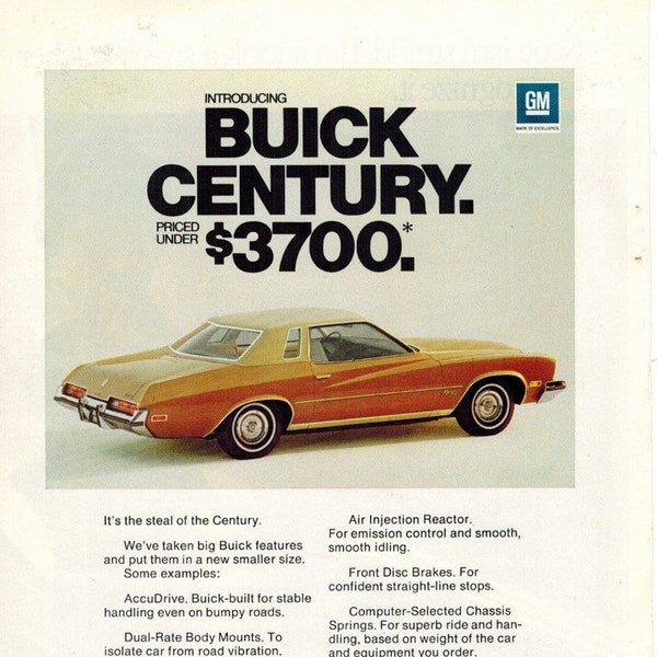 BUICK CENTURY - 1973 - Retro Ads - Vintage Car Ads - American Cars - Suburbia - Vintage Ads - Holiday Gift Idea - 1970s Ads - Free Shipping