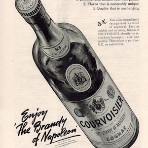 COURVOISIER COGNAC BRANDY 1947 | Old Liquor Ad |  Vintage Magazine Advertisement | Napoleon Bonaparte | French Cognac | Free Shipping
