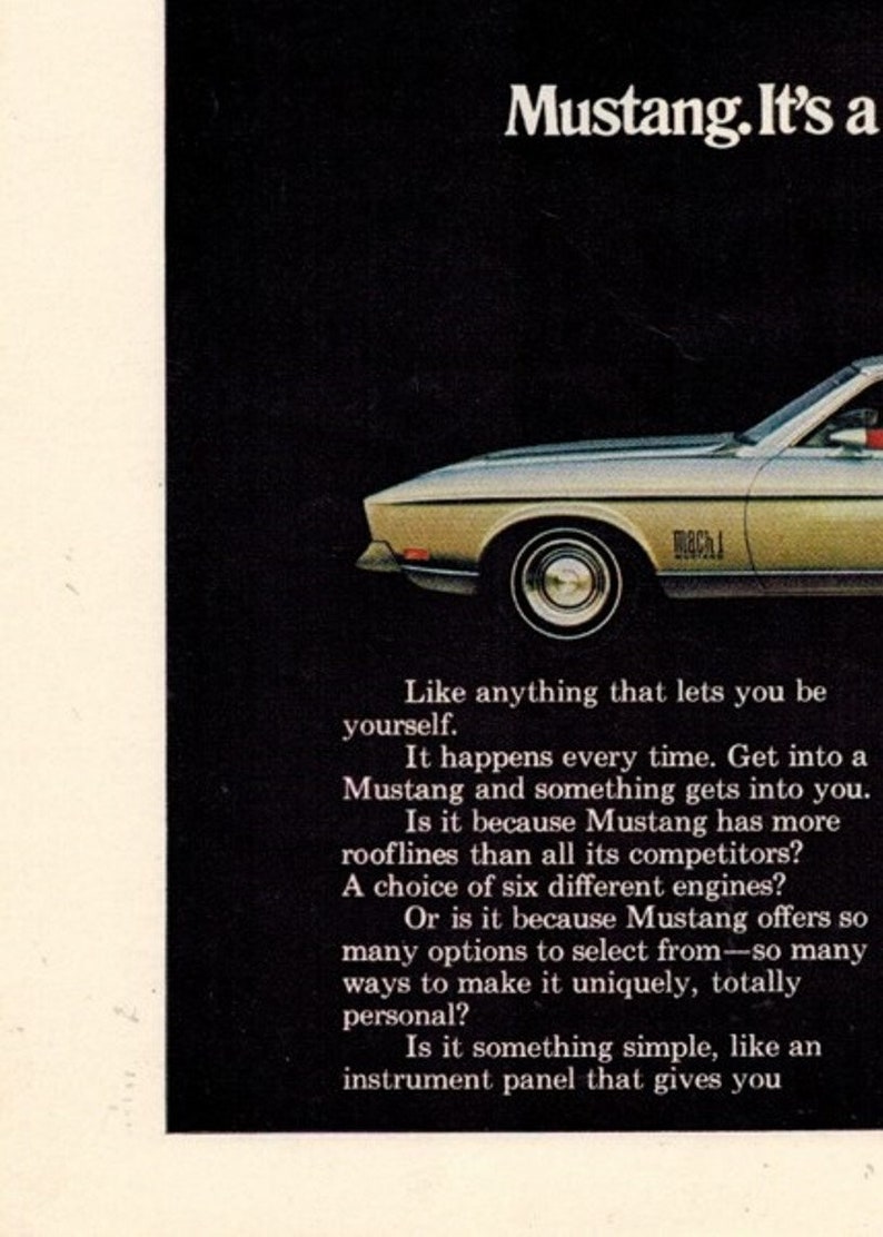 Free Shipping 1971 Automobilia Vintage Car Ads Vintage Ads Retro Ads Holiday Gift Ideas FORD MACH 1 MUSTANG 1970s Ads