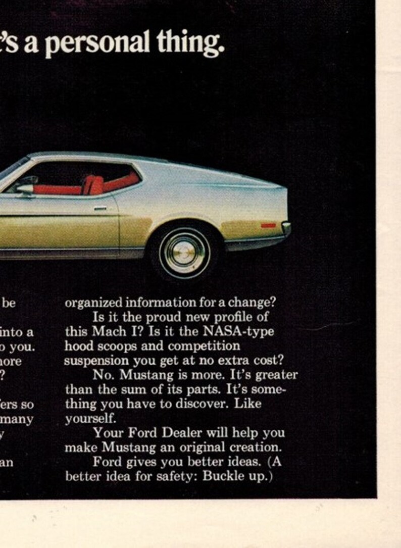 Free Shipping 1971 Automobilia Vintage Car Ads Vintage Ads Retro Ads Holiday Gift Ideas FORD MACH 1 MUSTANG 1970s Ads