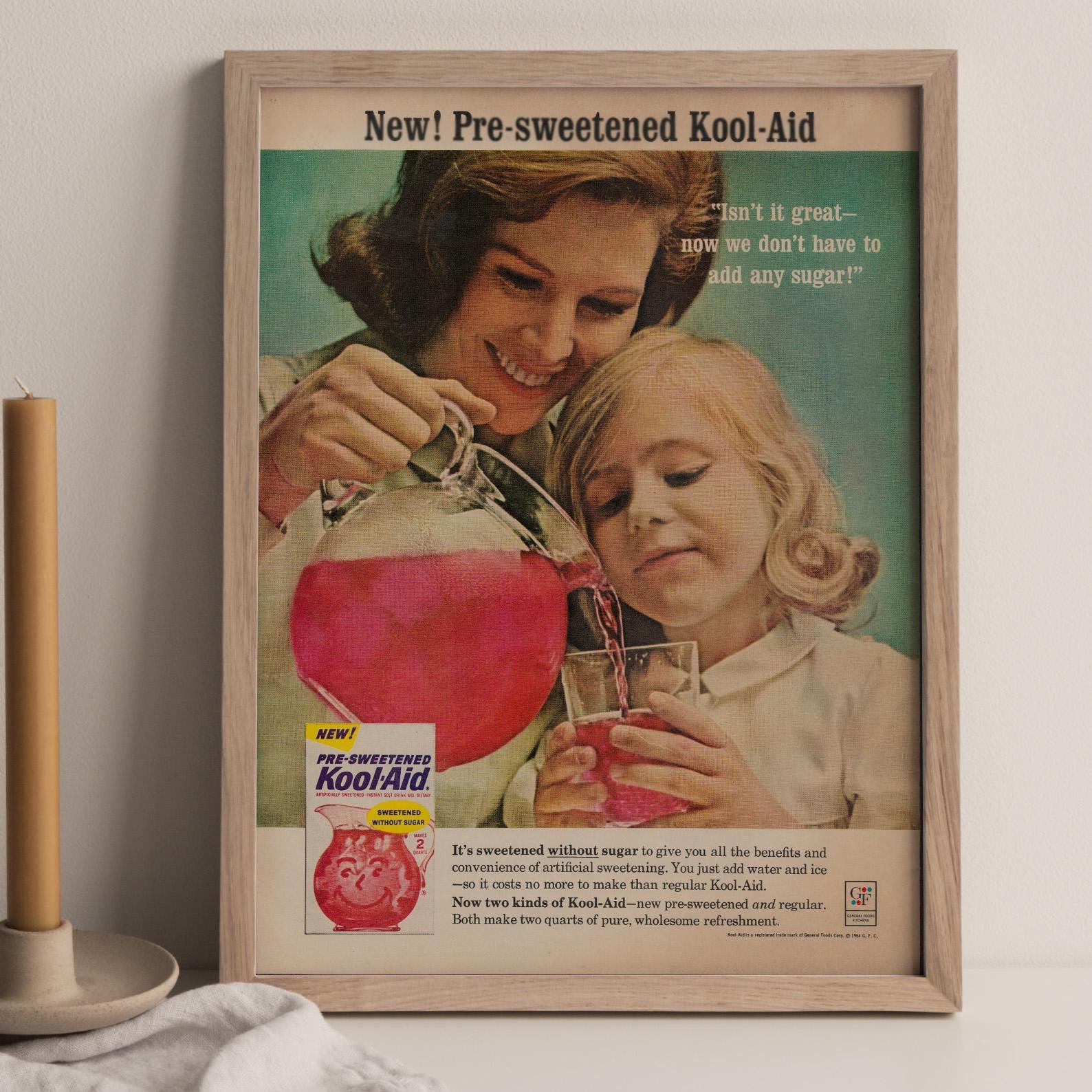 Original 1964 Kool-Aid Ad – Pre-Sweetened Smiles, Retro Kitchen Decor, Vintage Childhood Nostalgia, Life Magazine 10x13 Ad, Free Shipping