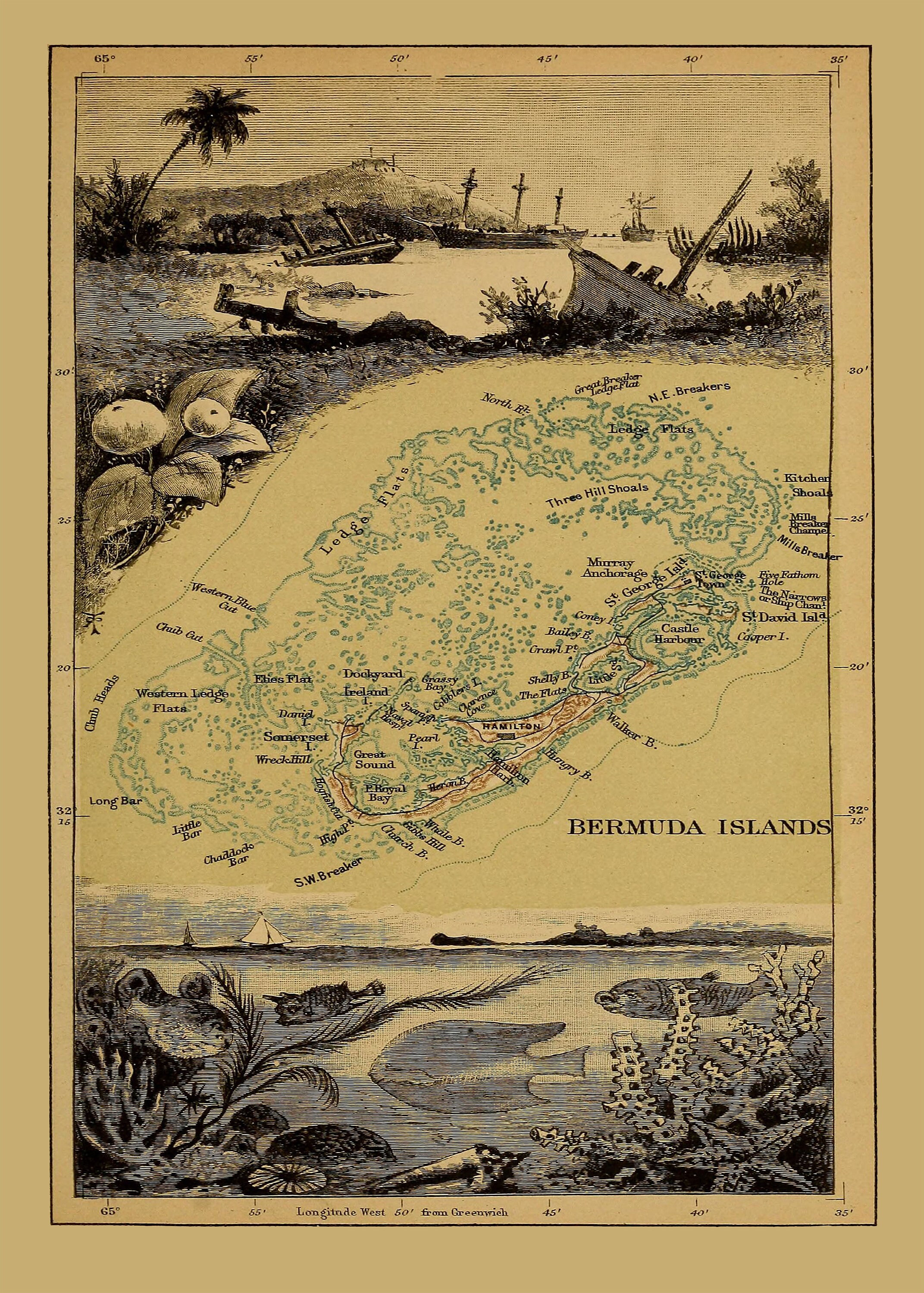 vintage-map-illustration-print-reproduction-1885-displaying-bermuda-its
