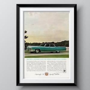 CADILLAC SEDAN DEVILLE Vintage Advertisement 1967, Authentic Original Retro Ad, Turquoise Cadillac Parked by a Lake, Free Shipping Included