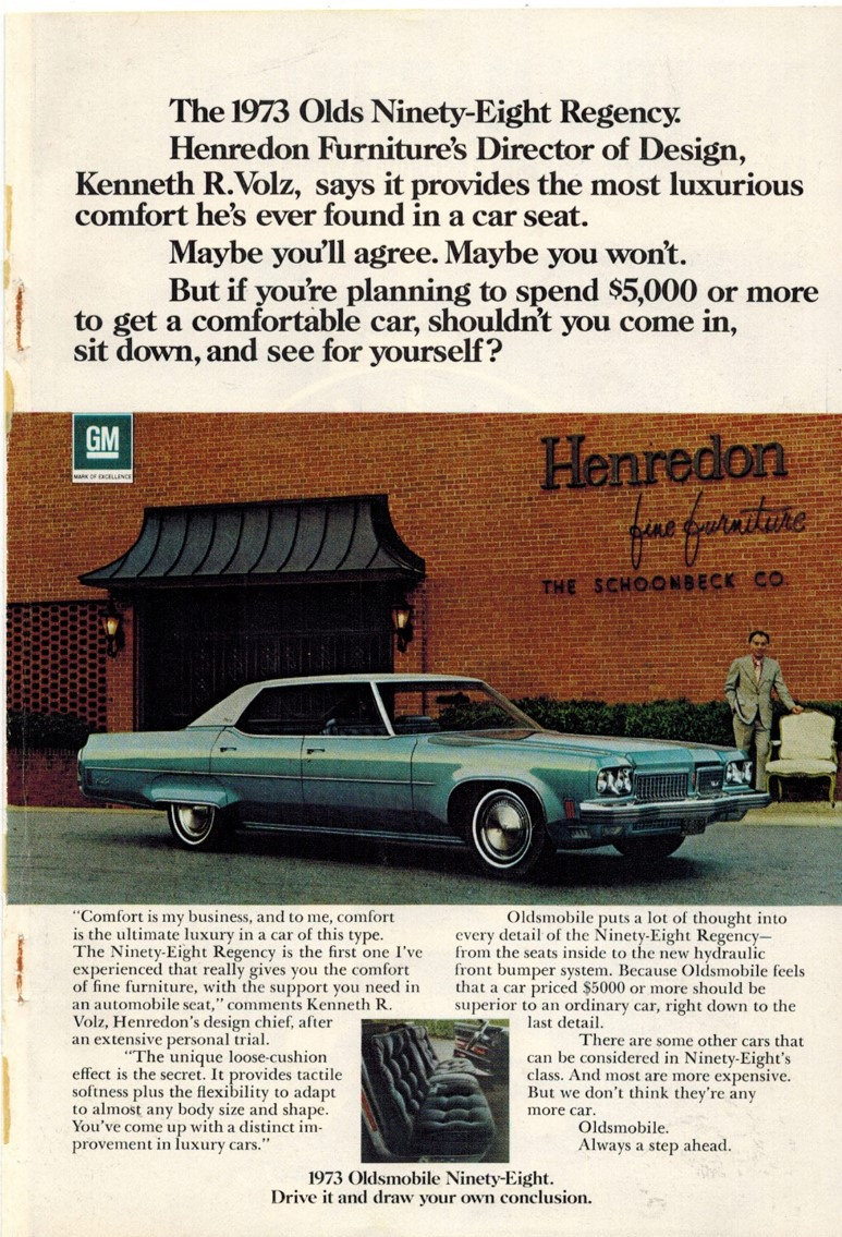 OLDSMOBILE NINETY-EIGHT | 1973 | Retro Ad | Old Car Ads | Automobilia | Vintage Ads | Holiday Gift Ideas | 1970s Ads | Free Shipping