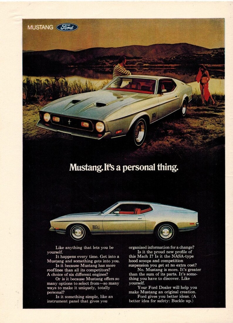 Free Shipping 1971 Automobilia Vintage Car Ads Vintage Ads Retro Ads Holiday Gift Ideas FORD MACH 1 MUSTANG 1970s Ads