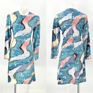 1960s 1970s vintage blue floral and butterfly patchwork mod day dress | 60s 70s retro long sleeve pastel flower dress | abstract print