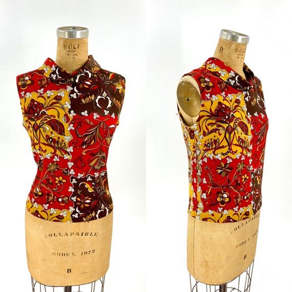 1970s vintage sleeveless red and yellow floral blouse… Gem