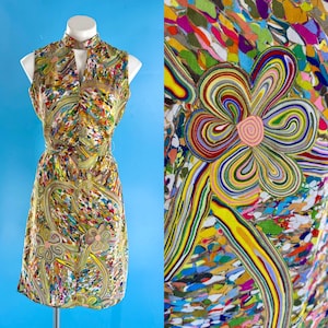1960er 1970er Vintage psychedelisches Blumenmuster Kleid mit passendem Gürtel | 60er 70er Jahre Retro Regenbogen abstraktes ärmelloses Kleid Kleid | Größe Medium
