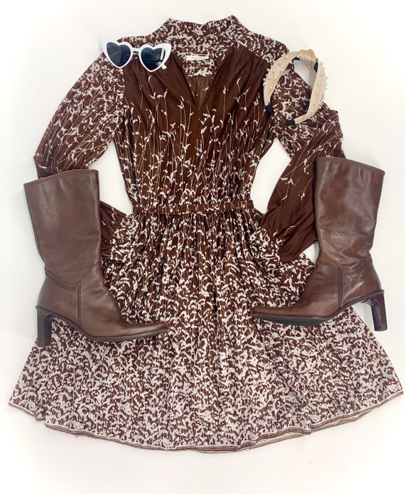 1970s Floral Chocolate Brown Day Dress | 70s Long