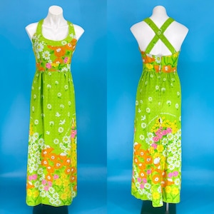 1960s 1970s vintage “Malia Honolulu” green Hawaiian floral sleeveless maxi dress  | 60s 70s retro Daisy novelty print dress | size small