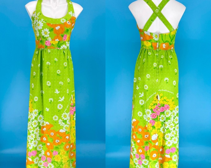 Vintage 70s Hawaiian Maxi Dress: Malia Honolulu Green Floral Print - Etsy