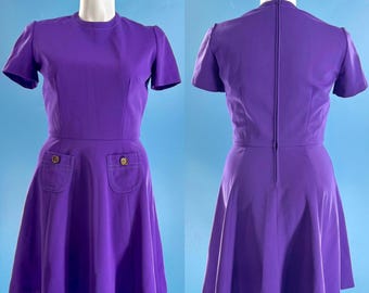 1960s 1970s vintage mod purple dress with decorative buttons and pockets | 60s 70s retro day dress dress | size large