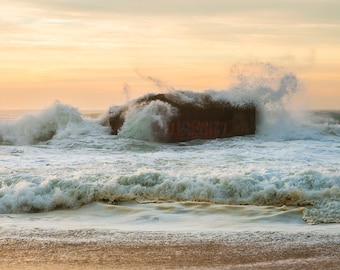 Seascape Print, Breaking Waves, Sunset Print, Rocks Sea and Sky, Coastal Art