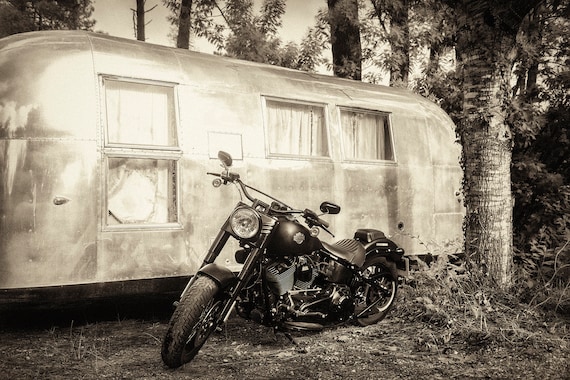 HARLEY AND AIRSTREAM, Motorbike Print, Airstream Trailer, American Classics, Still Life Print, Black and White Prints, Monochrome Print