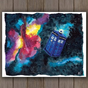 Watercolour Art Print - Dr. Who Tardis in Space / Whovian Fan Art / Galaxy Handpainted Watercolor Painting / Awesome Geek Gift