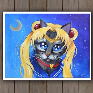 Sailor Moon Cat Acrylic Art Print - Usagi Luna Anime Catgirl Painting, Sailor Scout Redraw Fanart