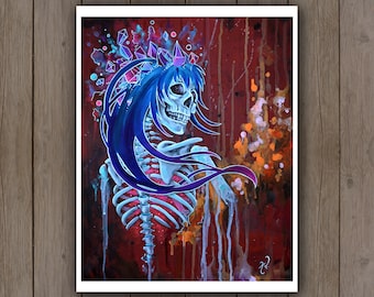 May include: A digital painting of a skeleton with long blue hair and a crown of crystals. The background is a dark red with splashes of orange and white paint.