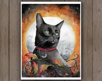 Black Cat Watercolour Art Print - Orange Autumn Leaves Halloween Full Moon Portrait / Spooky Eerie Fall Pumpkin Vine / Watercolor Kitty