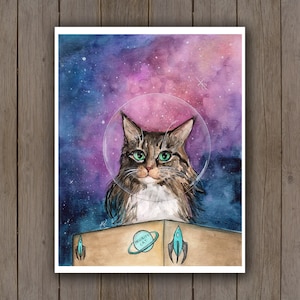 Wydruk akwarelowy - Kosmiczny kot w pudełku / Puszysty kotek astronauta rasy Maine Coon w tekturowym statku kosmicznym / Malowany ręcznie obraz akwarelowy