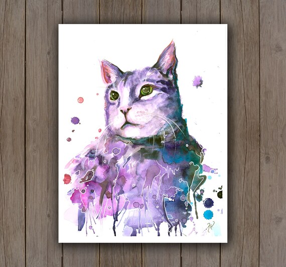 Watercolour Art Print Purple Cat Portrait / Pet Portrait | Etsy