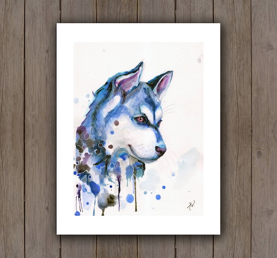 Watercolour Art Print - Husky Wolf Dog / Blue Pet Portrait / Splatter Handpainted Watercolor Painting / Dog Lover Gift