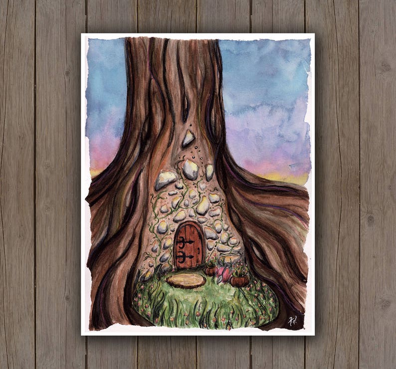 Watercolour Art Print - Fairy Garden House in Tree / Enchanted Door / Fantasy Doorway Handpainted Watercolor Painting / Gift Ideas 