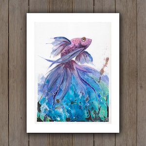 Watercolour Art Print - Splashing Beta Fish / Koi Painting / Splatter Handpainted Blown Watercolor Painting / Ocean Theme Gift