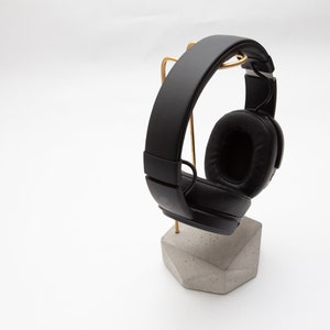 Headphone Holder Concrete headset holder headphones Stand Concrete brass Handmade Wooden headphone stand hanger Brass Geometric image 9