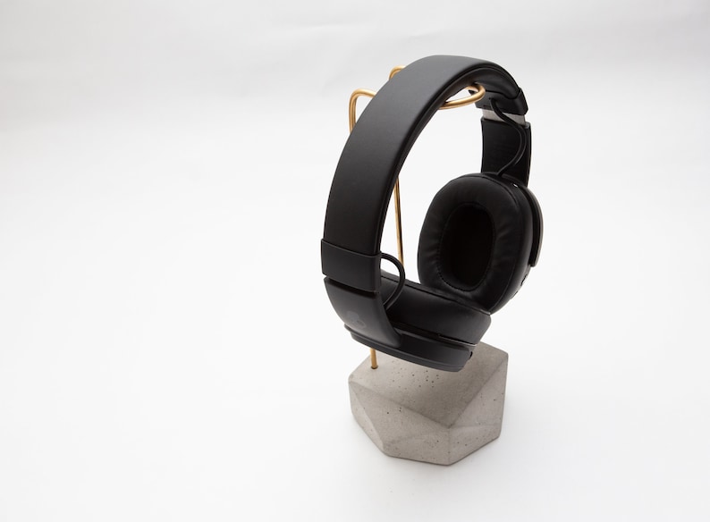 Headphone Holder Concrete headset holder headphones Stand Concrete brass Handmade Wooden headphone stand hanger Brass Geometric image 9