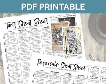 Tarot Card Cheat Sheet, a tarot printable for divination and tarot card reading with all 78 tarot cards and reversed tarot card meanings
