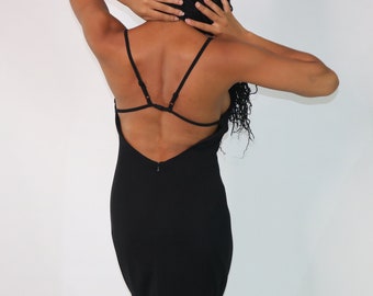 Mittlere 80er Jahre Inky Black Open Cross zurück Cocktail Kleid Glas Samen Perle Fransen Trim Sexy Nachtclub