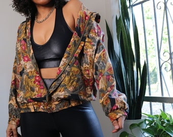 90s Silk Windbreaker | Vintage Silk Jacket | Geometric Floral Print Jacket | Medium